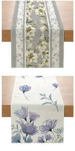 Macro detail of floral print table runner with woven texture on light wooden table