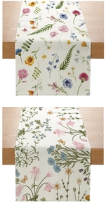 Detailed fabric texture of floral table runner with colorful botanical patterns