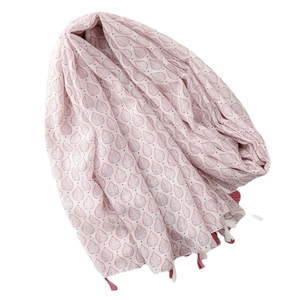 Pink printed scarf with leaf patterns and elegant tassels for summer beach sun protection