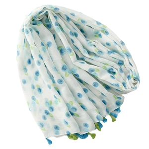 Blueberry print lightweight scarf with colorful tassels for women summer sun protection