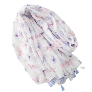 White butterfly print scarf with silver thread accents and tassel fringe for women