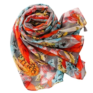 Tropical pineapple print scarf with colorful floral patterns and decorative tassels