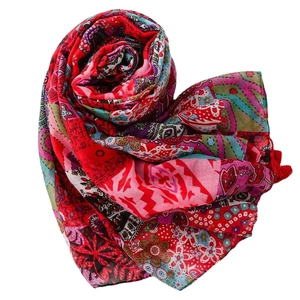 Red Bohemian cotton-linen scarf with vintage ethnic floral print and tassel edges