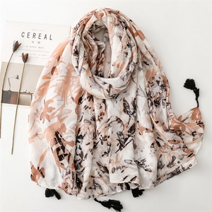 Vintage Abstract Floral Print Scarf Shawl Lightweight Polyester Fabric With Tassels Soft Breathable Travel Wrap For Women