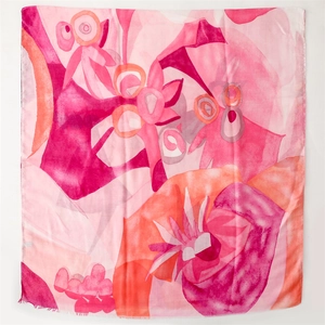 Detail of pink and orange abstract floral print on lightweight square scarf with fringe edge