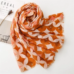 Detail of geometric pattern scarf with gold foil accents and soft fringed edges