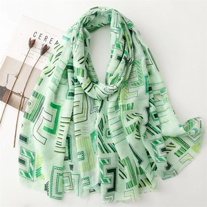 Women Geometric Print Scarf Lightweight Breathable Satin Polyester Cotton Shawl Wrap For Summer Beach Sun Protection