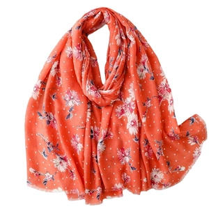 Coral orange cotton linen scarf with white polka dots and floral print with frayed edges