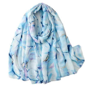 Light blue linen-feel scarf with marble print and gold foil details for women