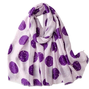 Light purple cotton-linen scarf with dark purple polka dots and gold foil accents