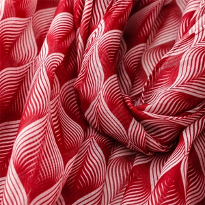 Red and white geometric leaf pattern lightweight voile scarf for summer sun protection