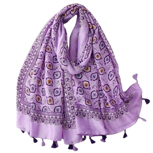 Écharpe bohème violette en coton et lin avec motifs floraux et pompons à franges doux
