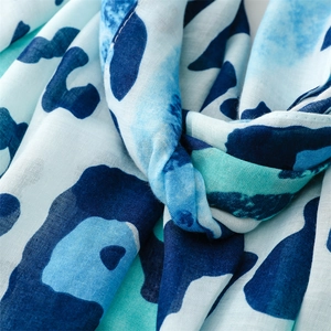 Detailed close-up of blue leopard print scarf with fine stitching and soft texture