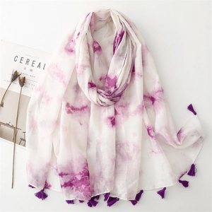 Écharpe Légère Tie-Dye pour Femmes Avec Glands Style National Lavis à l'Encre Châle de Protection Solaire en Polyester Voile pour Voyage Plage