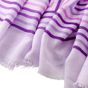 Lightweight lavender striped linen-feel scarf with soft frayed edges for women