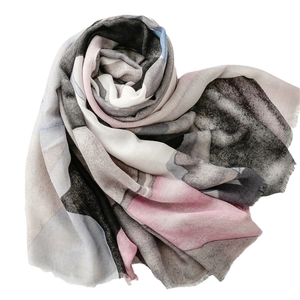 Cotton linen feel scarf with colorful geometric abstract patterns and frayed edges