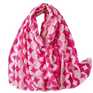 Pink and rose red cotton linen feel scarf with geometric prints and gold foil details