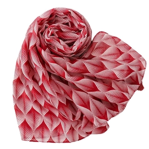 Dark red lightweight leaf print scarf, semi-transparent shawl for sun protection