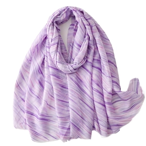 Long lightweight cotton linen scarf featuring purple gradient geometric stripes and raw edges