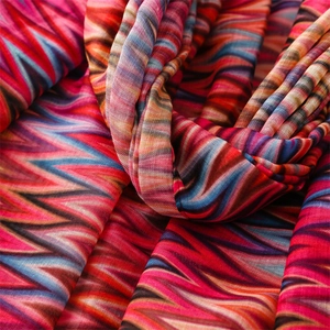 Detail of colorful zigzag wave pattern on lightweight breathable voile shawl scarf