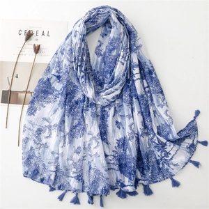 Vintage Toile De Jouy Print Scarf Shawl Polyester Voile Sun Protection With Tassel Fringe For Women Elegant Floral