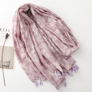 Artistic taro purple mosaic scarf with fringe and gold foil on white background