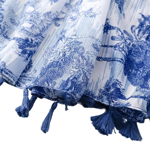 Blue and white floral pattern scarf with tassel edge in classic Toile de Jouy style