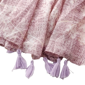 Retro purple silk scarf with gold foil mosaic pattern and delicate fringe tassels