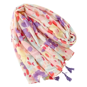 Soft cotton-linen feel scarf featuring colorful floral patterns and purple tassel fringe