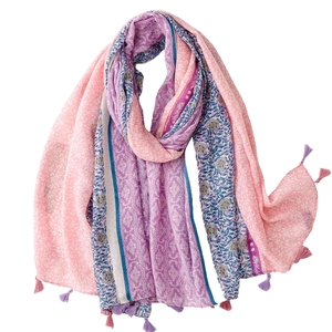 Schal aus Baumwolle und Leinen mit Rosenmustern, Violett und Rosa mit Fransenquasten
