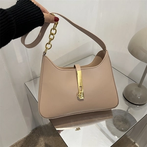 Minimalist beige PU leather half-moon bag with gold chain and metal lock decoration
