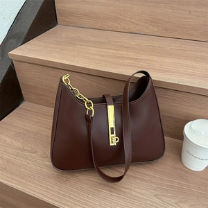Retro dark brown PU leather underarm bag with gold chain and metal buckle detail
