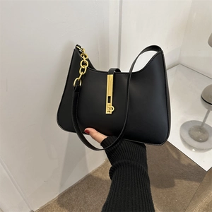 Minimalist black PU leather shoulder bag with gold chain strap and stylish clasp