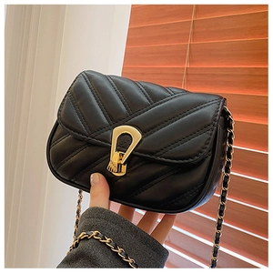 Close-up of black quilted crossbody bag with gold horseshoe lock and chain strap detail