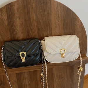Fashionable chevron quilted small chain bags in black and beige with horseshoe buckles