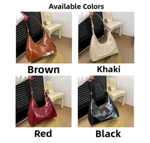 Detailed look at shiny patent leather baguette bags in brown, khaki, red, and black