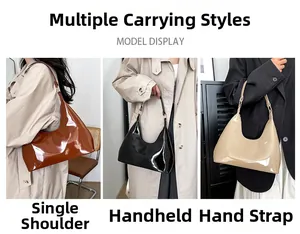 Three-way view of glossy patent leather underarm hobo bags in brown, black, and beige colors