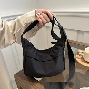 Women Nylon Crescent Crossbody Bag Simple Casual Dumpling Shoulder Bag With Adjustable Wide Strap Solid Color Fabric