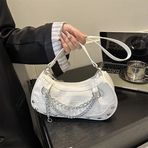 White faux crocodile leather crescent bag with silver chain and shoulder strap
