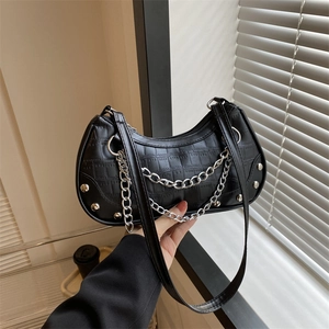 Women's black crocodile pattern chain shoulder bag with silver hardware in half-moon shape
