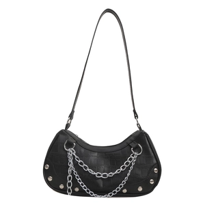 Black crocodile pattern half-moon shoulder bag with silver chains and rivet details