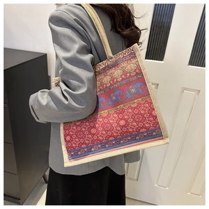 Bohemian oversized linen tote bag featuring ethnic elephant print and mandala patterns