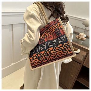 Bohemian linen tote bag with tribal geometric patterns and thick hemp rope handles