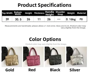 Size chart showing dimensions and colors of the quilted faux leather tote bag