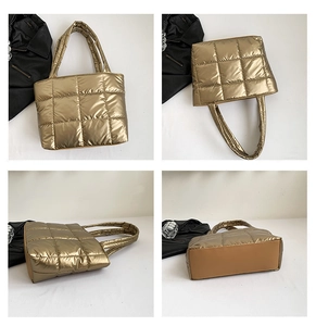 Detailed views of gold quilted bucket bag showing front, side and faux leather bottom