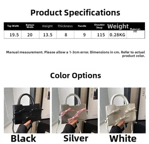 Size chart showing PU leather bow handbag dimensions and color options in black, silver, white