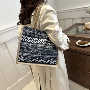Bohemian jute tote bag with black and white geometric patterns for daily fashion
