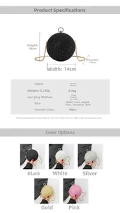Detailed size and specs for a round sequin evening bag with a metal chain strap