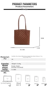 Detailed size chart of the brown quilted PU leather tote bag with capacity measurements