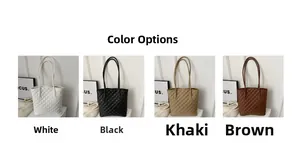 Detailed grid view showing quilted tote bags in white, black, khaki, and brown faux leather